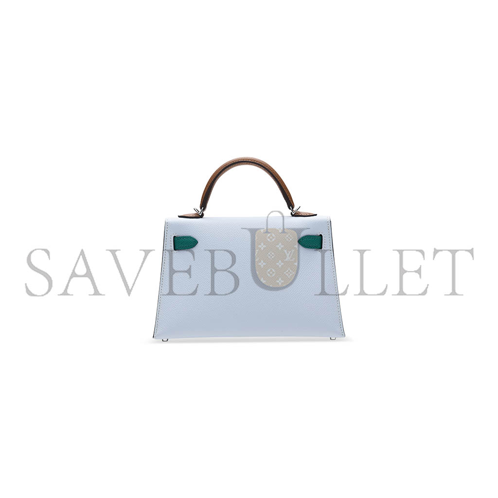 H**mes haze blue and imperial green and sesame epsom leather tricolor mini kelly 20 ii with palladium hardware (19*12*5.5cm)